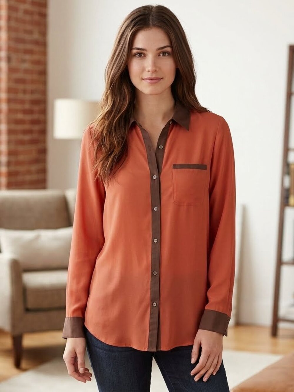 Free People Orange Coral with Brown Trimmed cuffs and collar button down